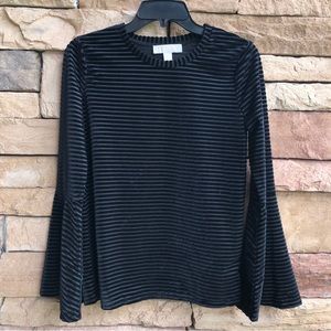 Michael Kors black velvet sheer stripe long bell sleeve Top Like New Small